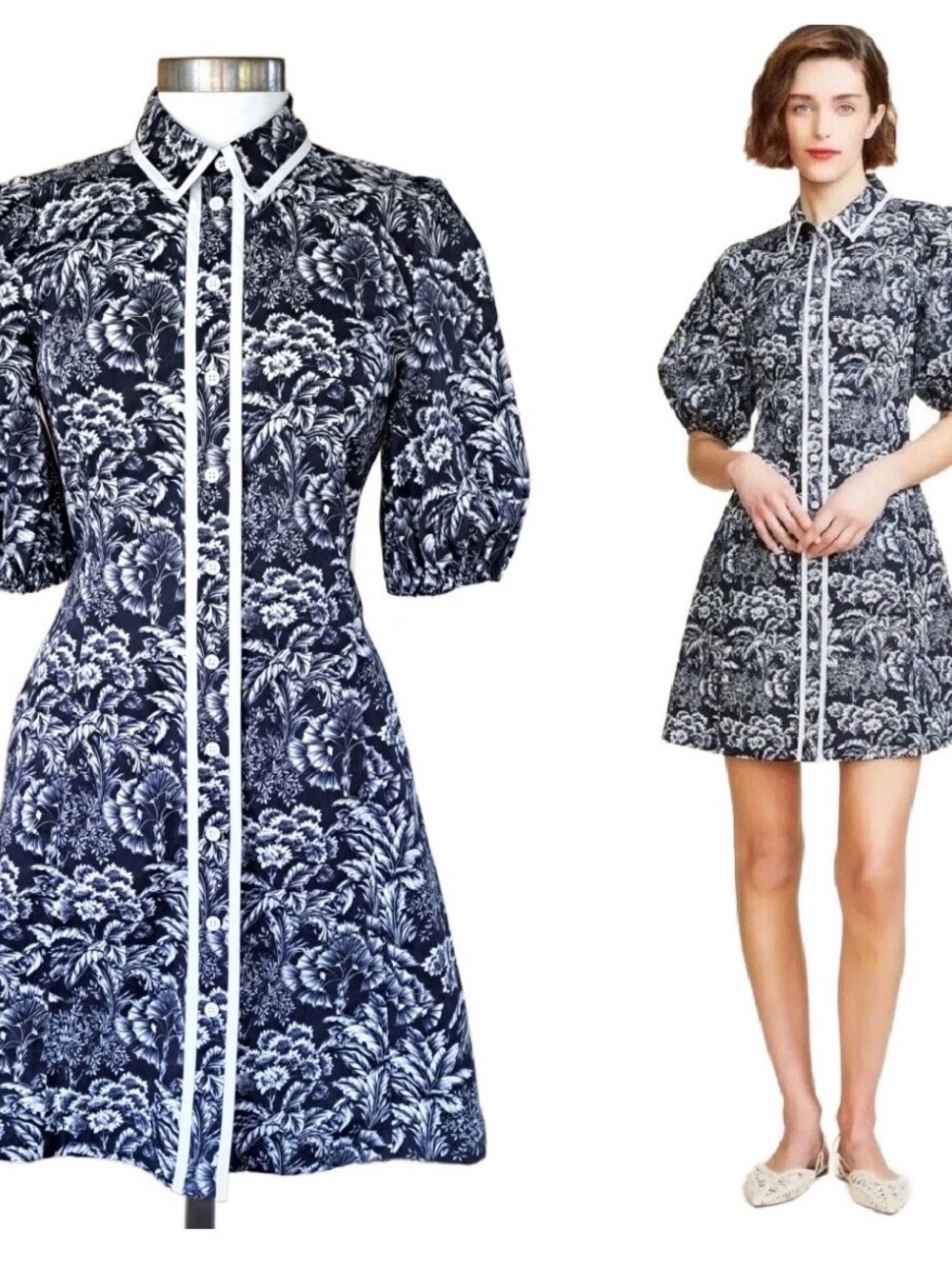 Pearl Navy and White Floral Button-Front Mini Dress